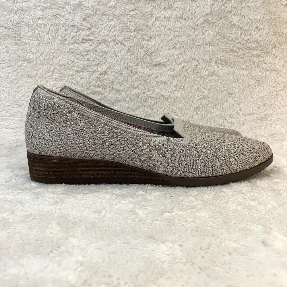 SKECHERS Cleo's Loafer Womens Sz 11 Memory Foam Stretch Taupe Sparkle Wedge Shoe
